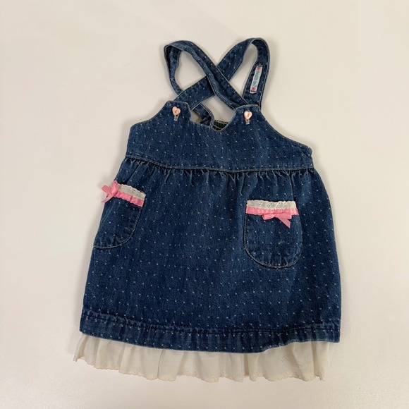 healthtex Other - Healthtex Denim Jumper Dress - Heart Buttons Pockets Lace Bows Toddler Girl